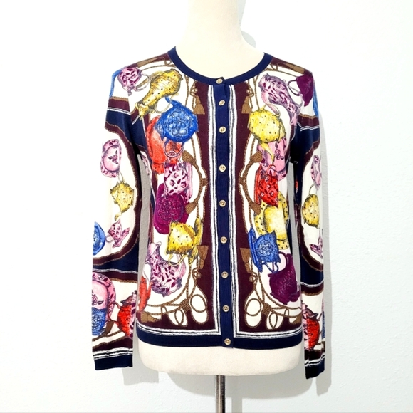 Talbots Petites Size SP Cardigan Sweater Teapot Print Multicolor Button Front - Picture 1 of 12